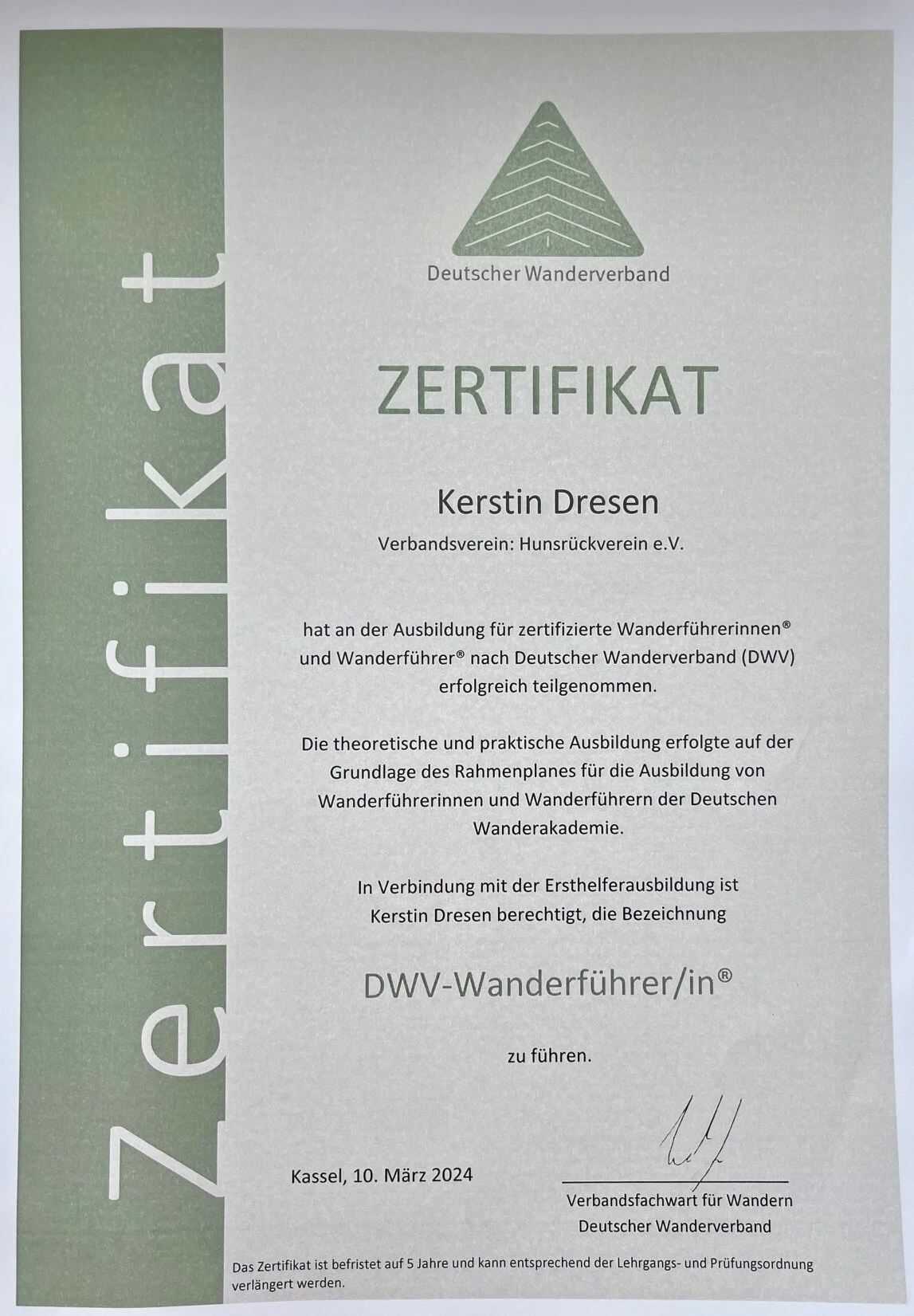 Zertifikat DWV Wanderführerin